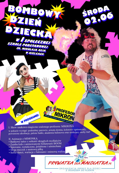 plakat na bombowy Dzień Dziecka z profesorem Mikronem2